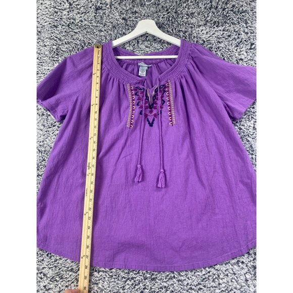 CATHERINES Crepe Embroidered Top Purple Breathable Short Sleeve Women 1X Travel - Picture 5 of 6